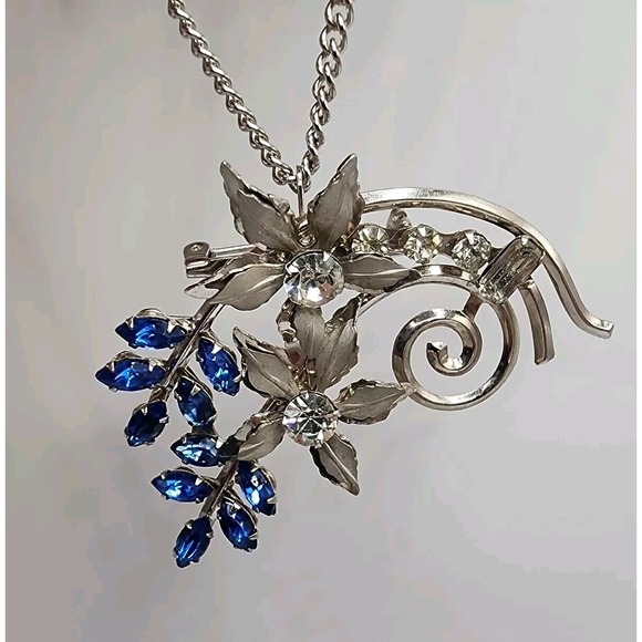The Unbranded Brand Jewelry - Cobalt Blue Rhinestone Floral Spray Silver Tone Pendant Brooch Retro Statement